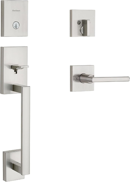Kwikset San Clemente Front Door Lock Handle and Deadbolt Set, Entry Handleset Exterior with Interior Reversible Lever, Satin Nickel, Pick Resistant SmartKey Rekey Deadbolt Security