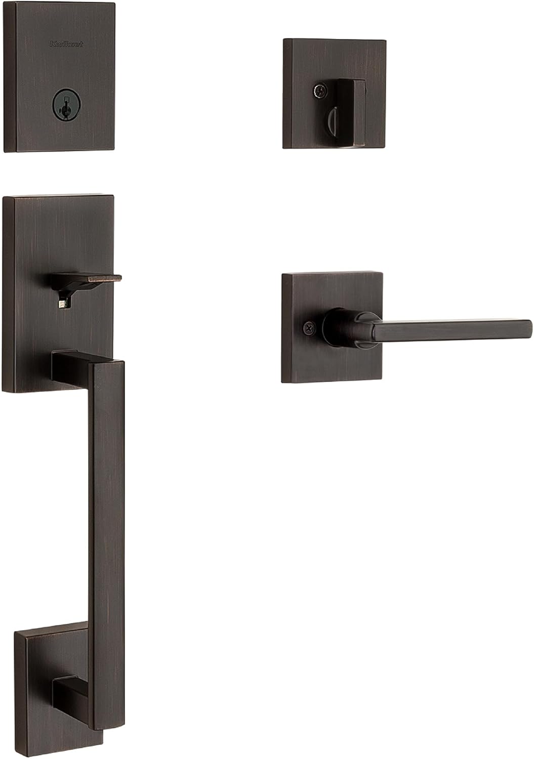 Kwikset San Clemente Front Door Lock Handle and Deadbolt Set, Entry Handleset Exterior with Interior Reversible Lever, Satin Nickel, Pick Resistant SmartKey Rekey Deadbolt Security