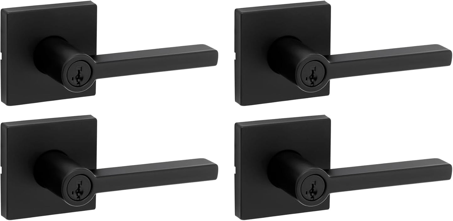 Kwikset Halifax Entry Door Handle with Lock and Key, Secure Keyed Reversible Lever Exterior, For Front Entrance and Bedrooms, Matte Black, Pick Resistant Smartkey Rekey Security and Microban