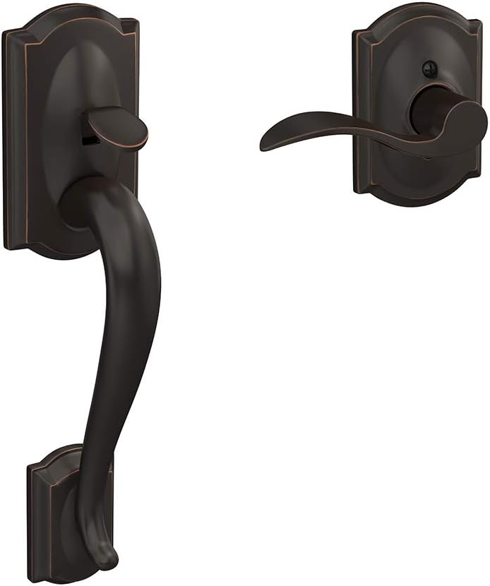 Schlage FE285 CAM 716 GEO Camelot Front Entry Handleset with Georgian Knob, Lower Half Grip, Aged Bronze