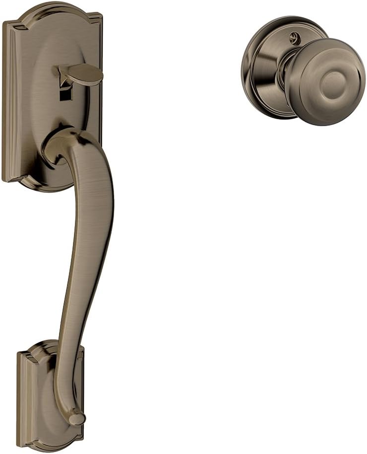 Schlage FE285 CAM 716 GEO Camelot Front Entry Handleset with Georgian Knob, Lower Half Grip, Aged Bronze