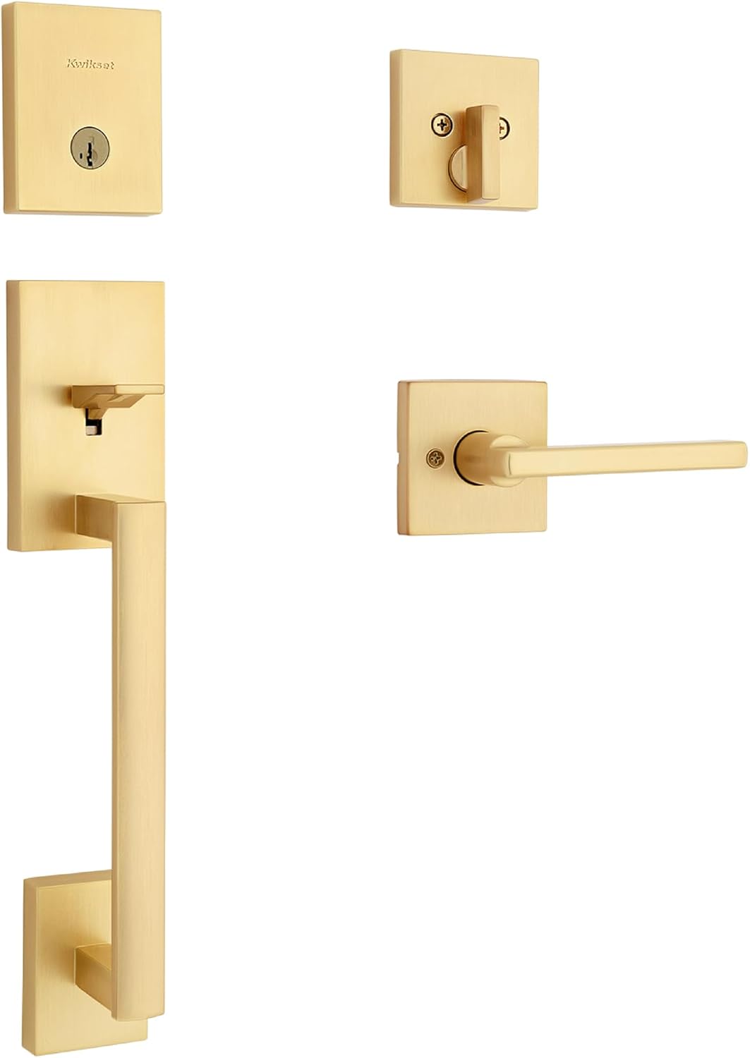 Kwikset San Clemente Front Door Lock Handle and Deadbolt Set, Entry Handleset Exterior with Interior Reversible Lever, Satin Nickel, Pick Resistant SmartKey Rekey Deadbolt Security