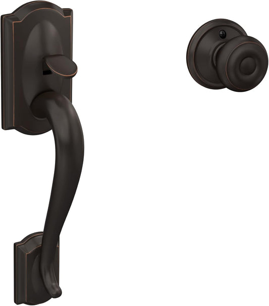 Schlage FE285 CAM 716 GEO Camelot Front Entry Handleset with Georgian Knob, Lower Half Grip, Aged Bronze