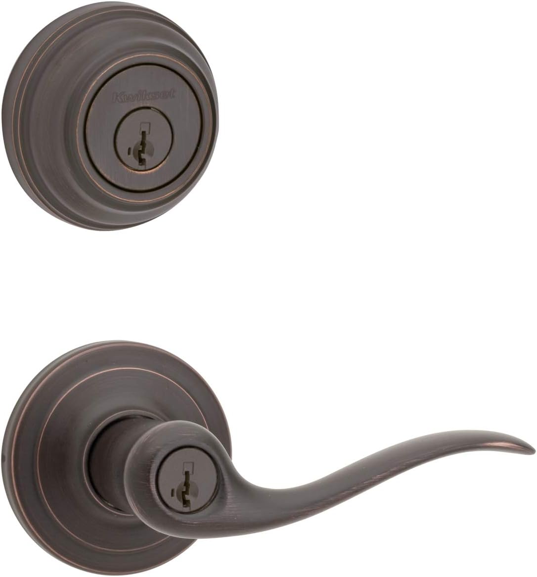 Kwikset Tustin Entry Door Handle with Lock and Key, Secure Keyed Reversible Lever Exterior, For Front Entrance and Bedrooms, Venetian Bronze, Pick Resistant Smartkey Rekey Security and Microban