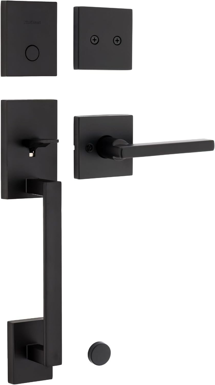 Kwikset San Clemente Front Door Lock Handle and Deadbolt Set, Entry Handleset Exterior with Interior Reversible Lever, Satin Nickel, Pick Resistant SmartKey Rekey Deadbolt Security