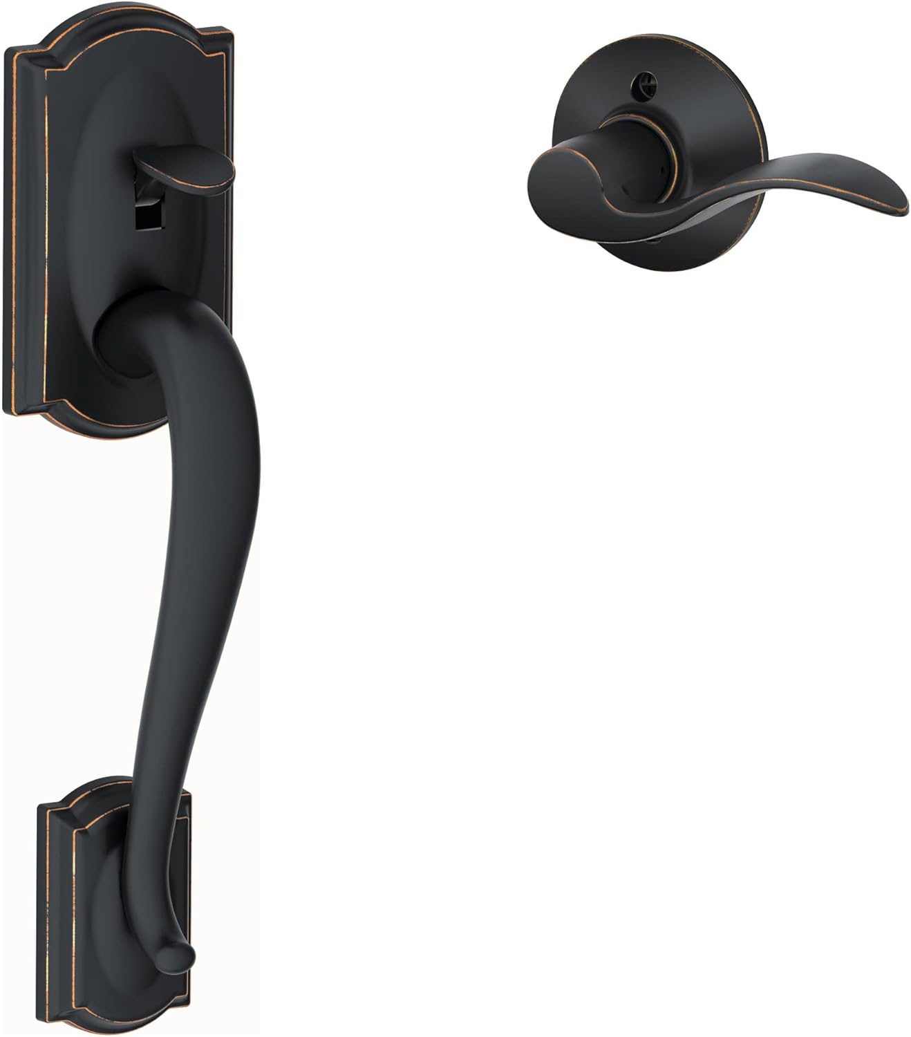 Schlage FE285 CAM 716 GEO Camelot Front Entry Handleset with Georgian Knob, Lower Half Grip, Aged Bronze