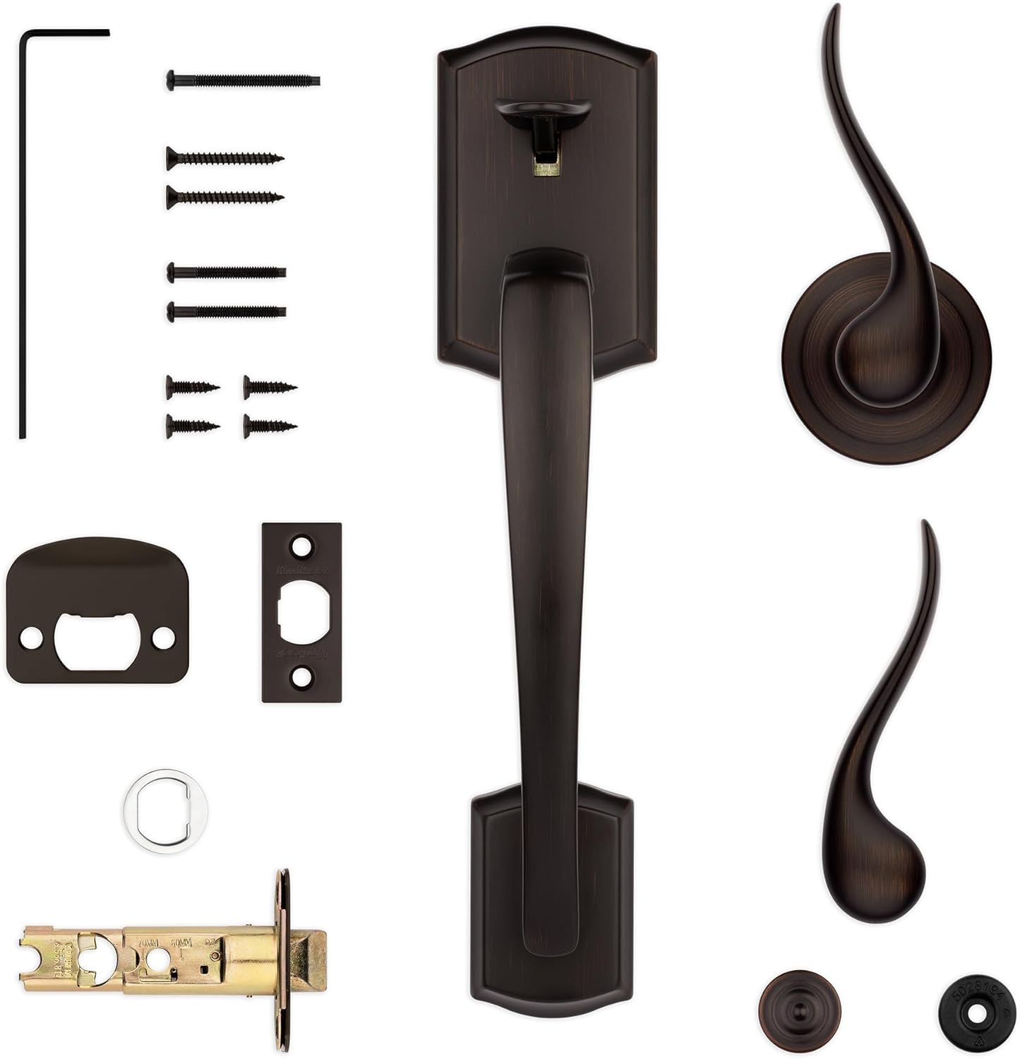 Kwikset Prescott Front Door Handle No Lock, Entry Handleset Exterior with Interior Reversible Handed Lever, Non-Locking, Venetian Bronze, Deadbolt Not Included, with Microban Protection