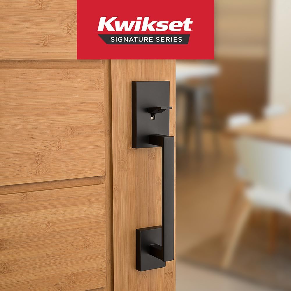 Kwikset San Clemente Front Door Handle No Lock, Entry Handleset Exterior with Interior Reversible Handed Lever, Non-Locking, Matte Black, Deadbolt Not Included, with Microban Protection