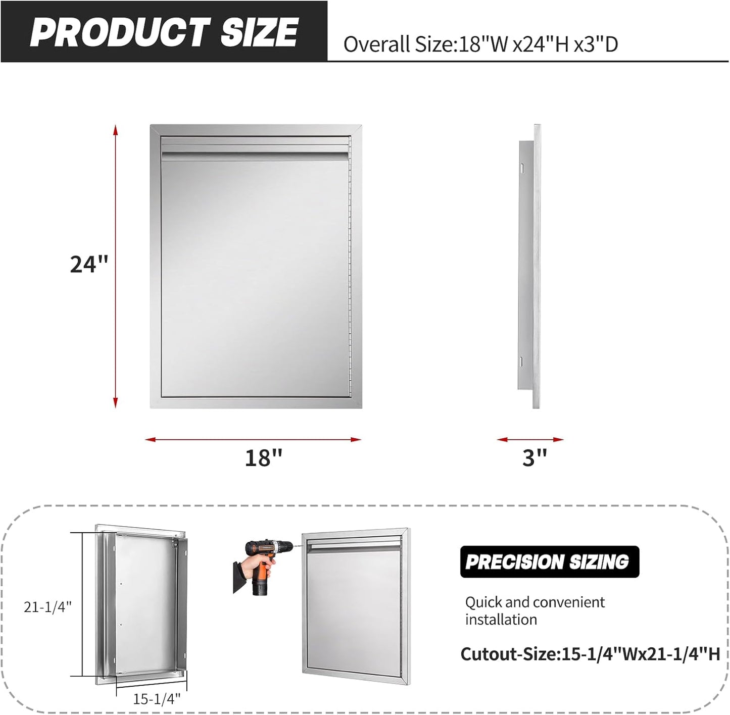 Outdoor Kitchen Single Access Door, 18W x 24H, Stainless Steel, Modern Style, Right-Opening