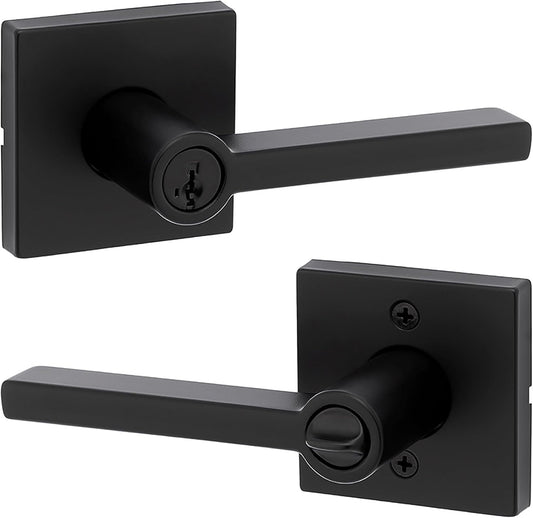 Kwikset Halifax Entry Door Handle with Lock and Key, Secure Keyed Reversible Lever Exterior, For Front Entrance and Bedrooms, Matte Black, Pick Resistant Smartkey Rekey Security and Microban