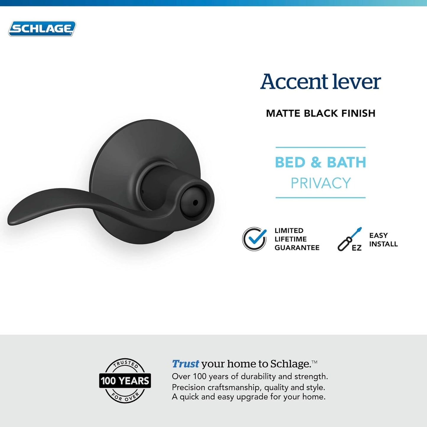 Schlage F40 ACC 622 Accent Door Lever, Bed & Bath Privacy Lock, Matte Black