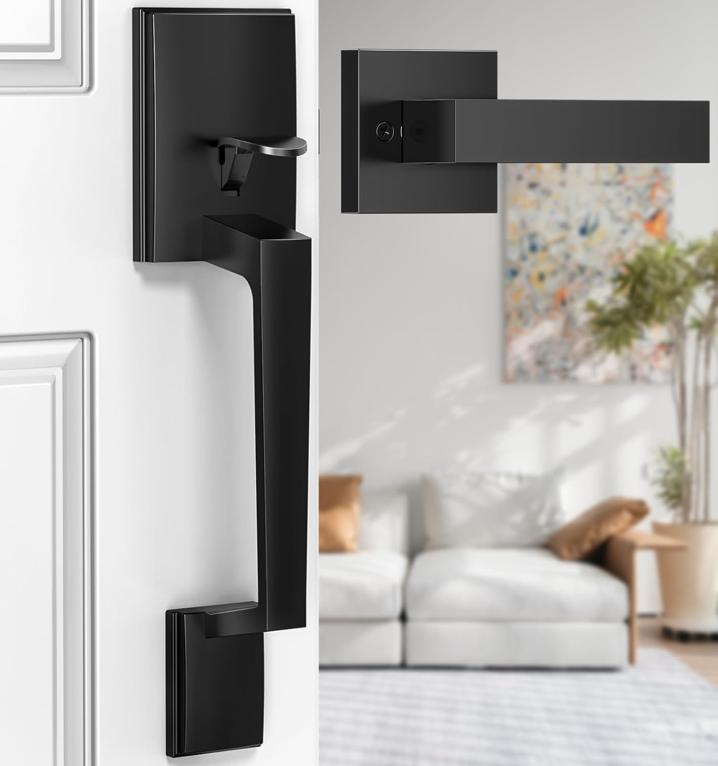 Brightify Front Door Handle, Modern Exterior Door Handle with Passage Lever, Front Entry Door Handle No Lock, Reversible for Left & Right Hand Door, Lower Half Grip - Matte Black