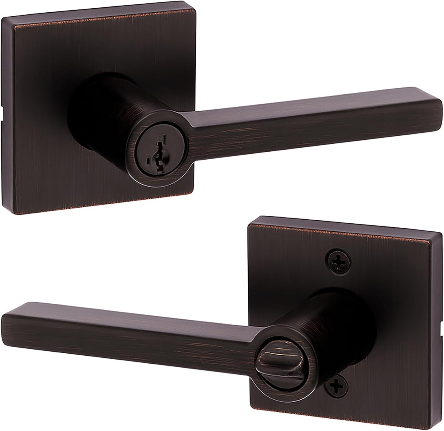 Kwikset Halifax Entry Door Handle with Lock and Key, Secure Keyed Reversible Lever Exterior, For Front Entrance and Bedrooms, Matte Black, Pick Resistant Smartkey Rekey Security and Microban