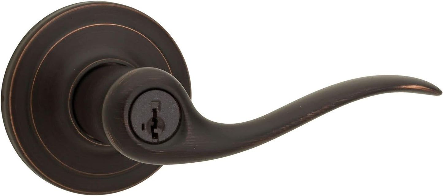 Kwikset Tustin Entry Door Handle with Lock and Key, Secure Keyed Reversible Lever Exterior, For Front Entrance and Bedrooms, Venetian Bronze, Pick Resistant Smartkey Rekey Security and Microban