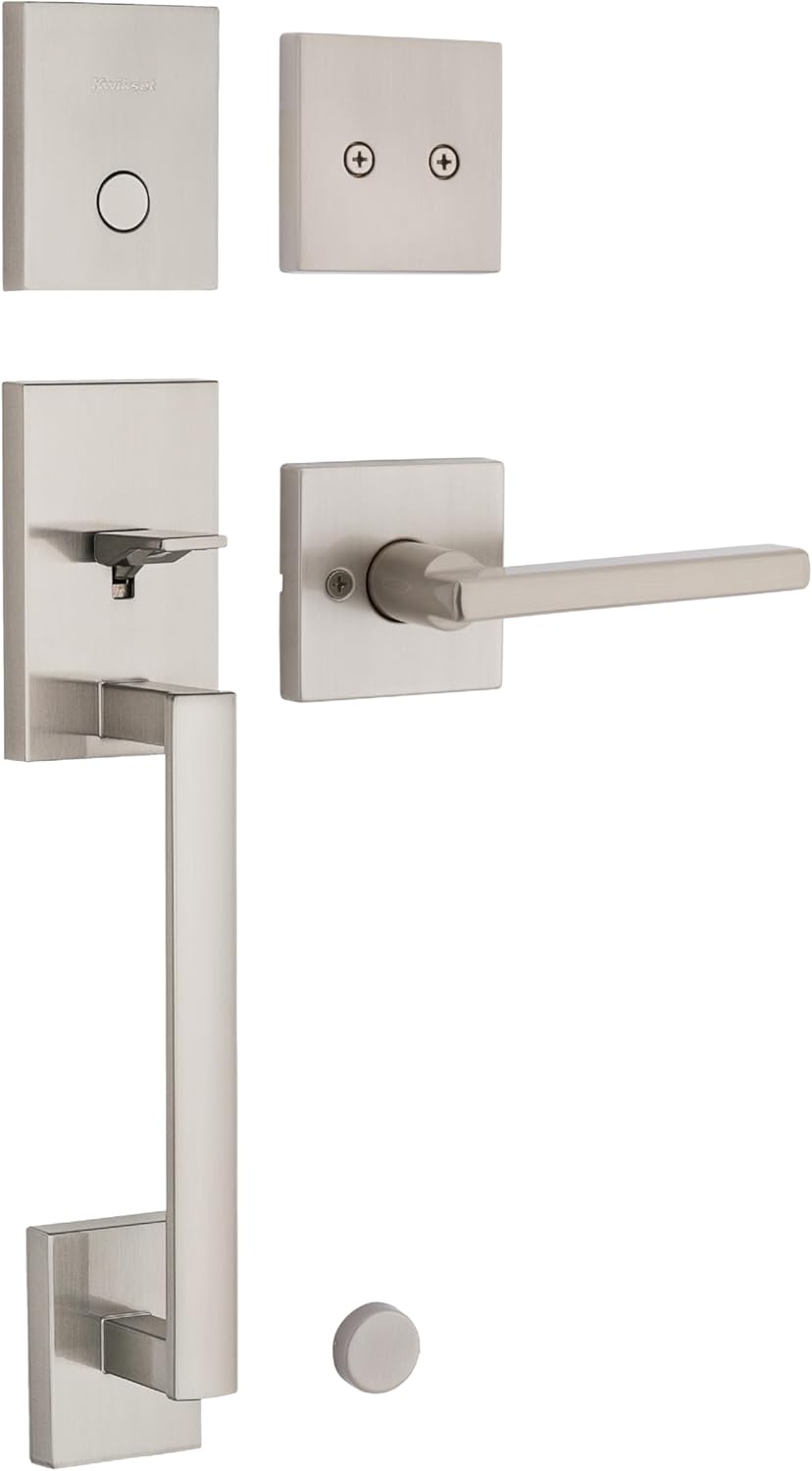 Kwikset San Clemente Front Door Lock Handle and Deadbolt Set, Entry Handleset Exterior with Interior Reversible Lever, Satin Nickel, Pick Resistant SmartKey Rekey Deadbolt Security