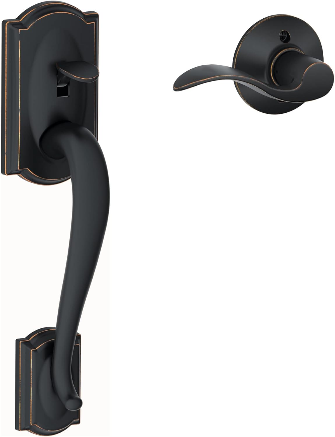 Schlage FE285 CAM 716 GEO Camelot Front Entry Handleset with Georgian Knob, Lower Half Grip, Aged Bronze