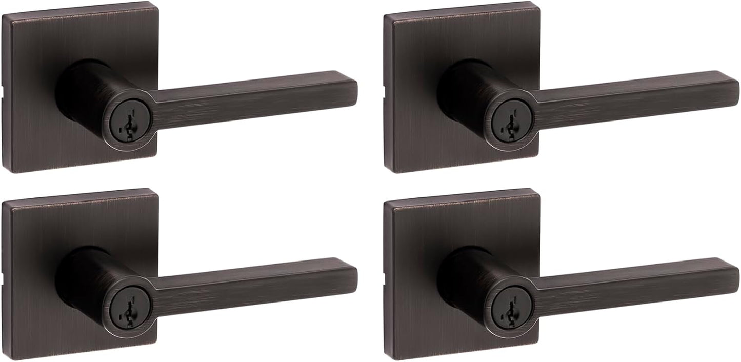 Kwikset Halifax Entry Door Handle with Lock and Key, Secure Keyed Reversible Lever Exterior, For Front Entrance and Bedrooms, Matte Black, Pick Resistant Smartkey Rekey Security and Microban