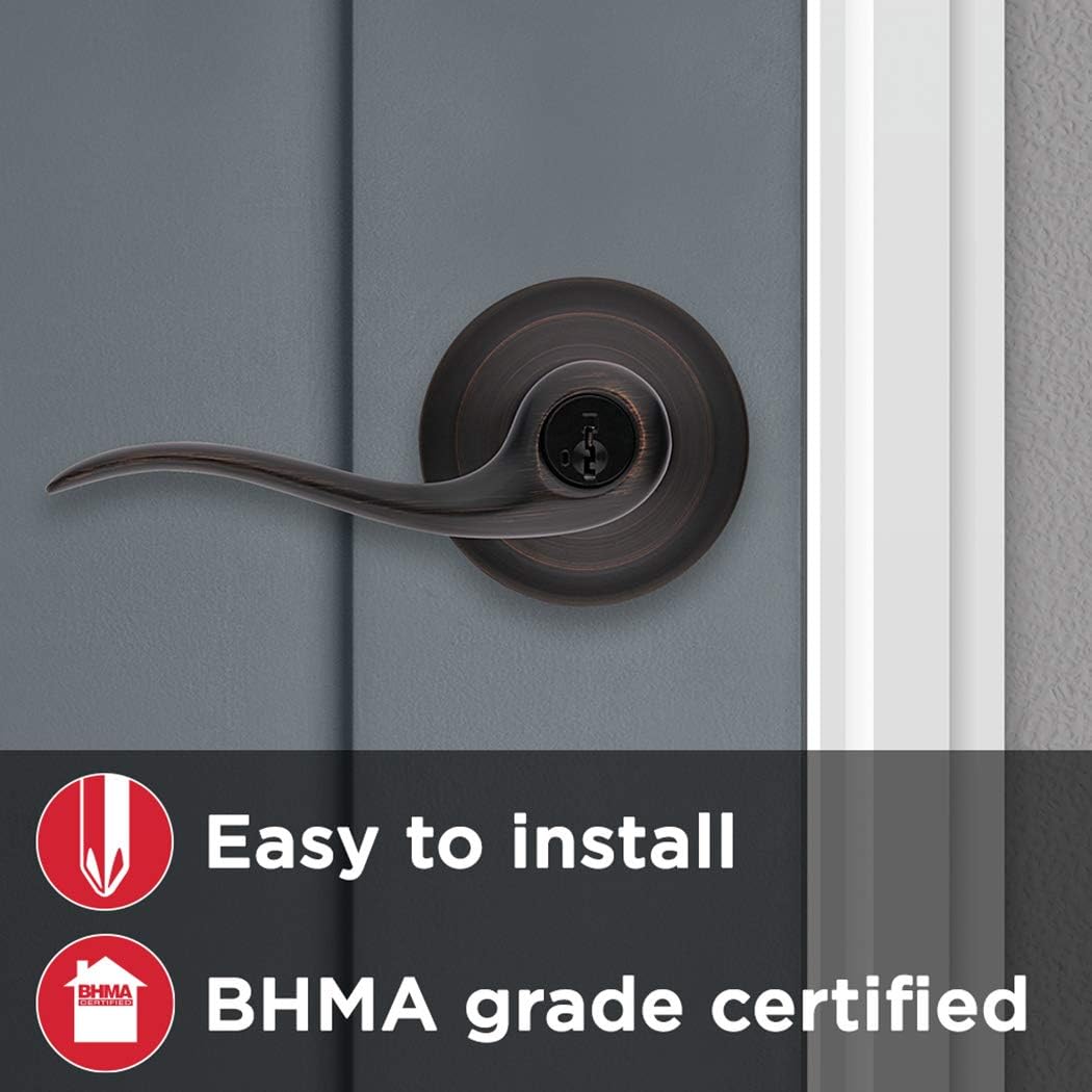 Kwikset Tustin Entry Door Handle with Lock and Key, Secure Keyed Reversible Lever Exterior, For Front Entrance and Bedrooms, Venetian Bronze, Pick Resistant Smartkey Rekey Security and Microban