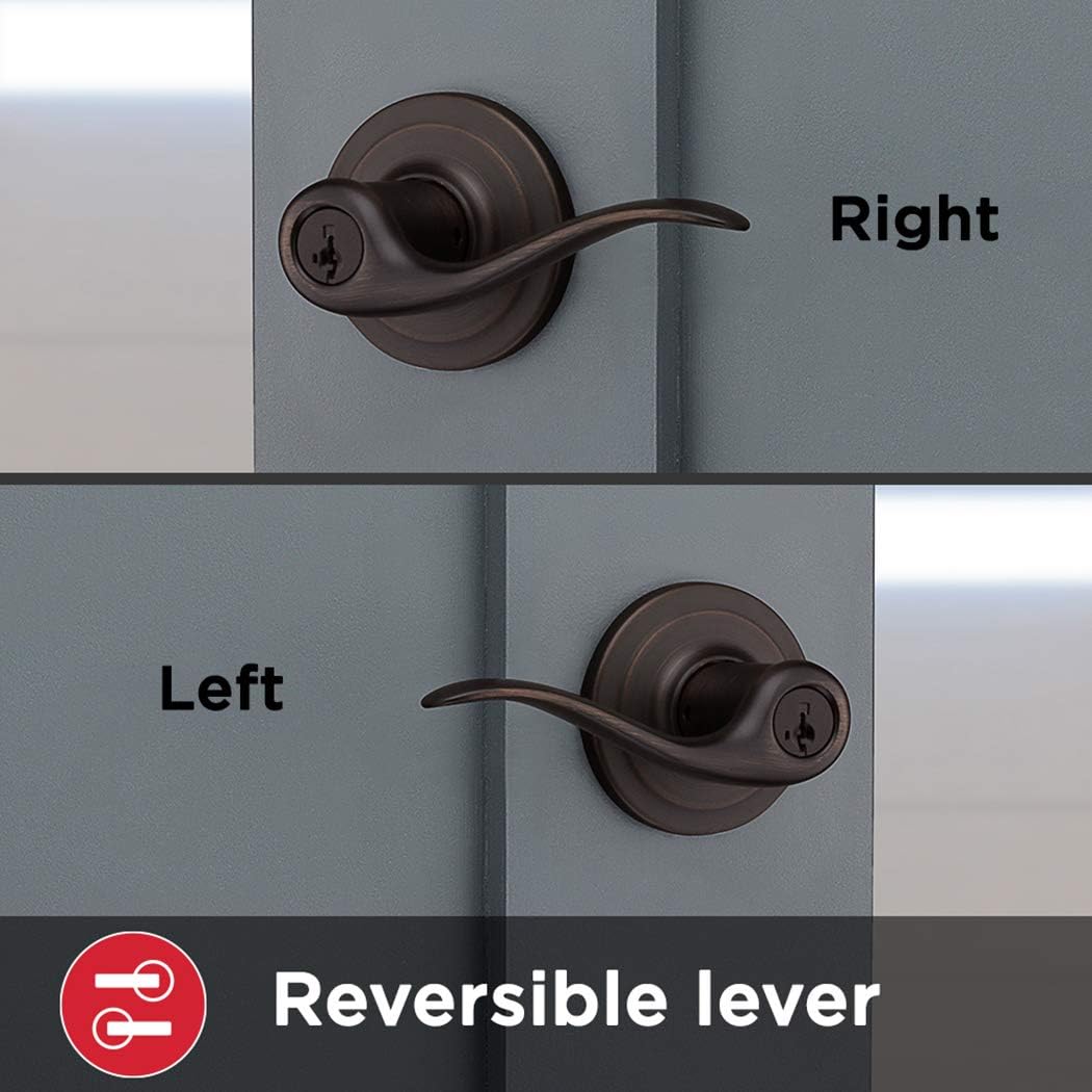 Kwikset Tustin Entry Door Handle with Lock and Key, Secure Keyed Reversible Lever Exterior, For Front Entrance and Bedrooms, Venetian Bronze, Pick Resistant Smartkey Rekey Security and Microban
