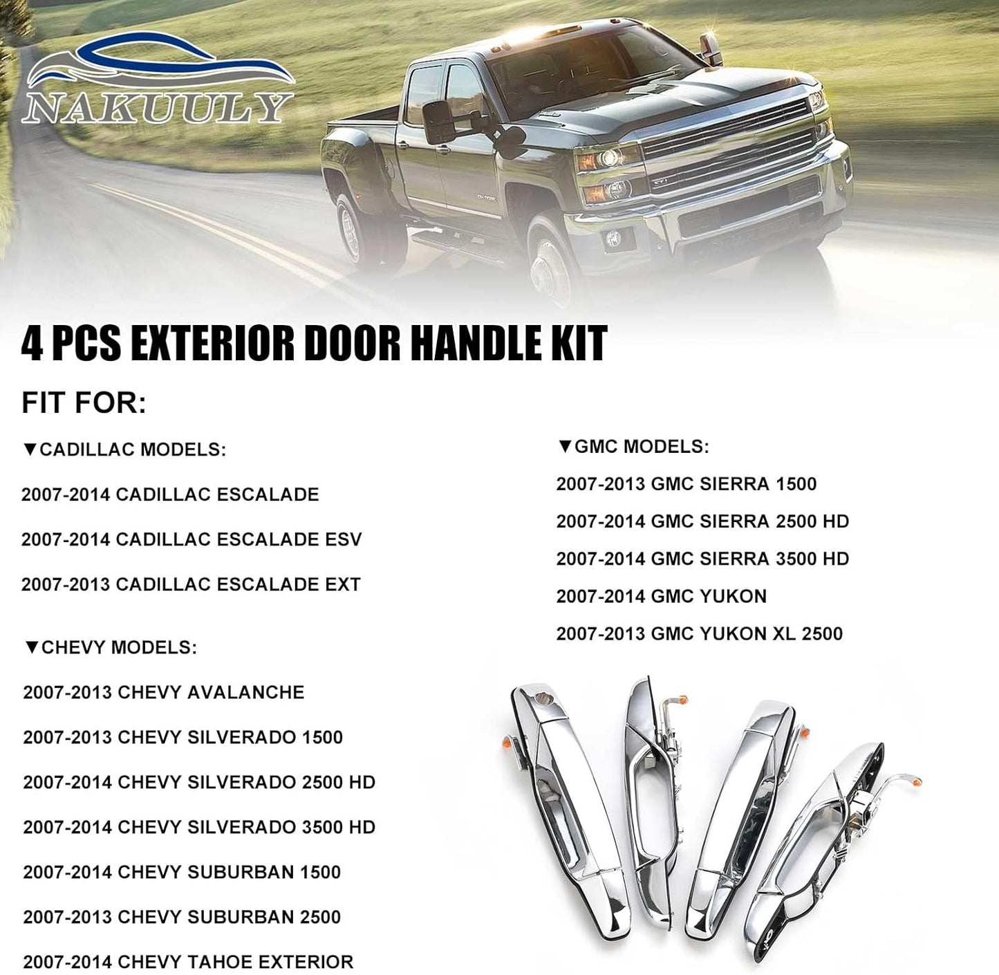 Nakuuly Exterior Chrome Door Handle 4 PCS Front Rear Driver & Passenger Compatible with 2007-2014 Cadillac Escalade Chevy Avalanche Silverado Suburban GMC Sierra Yukon OE # 22738722 22738721 20828258