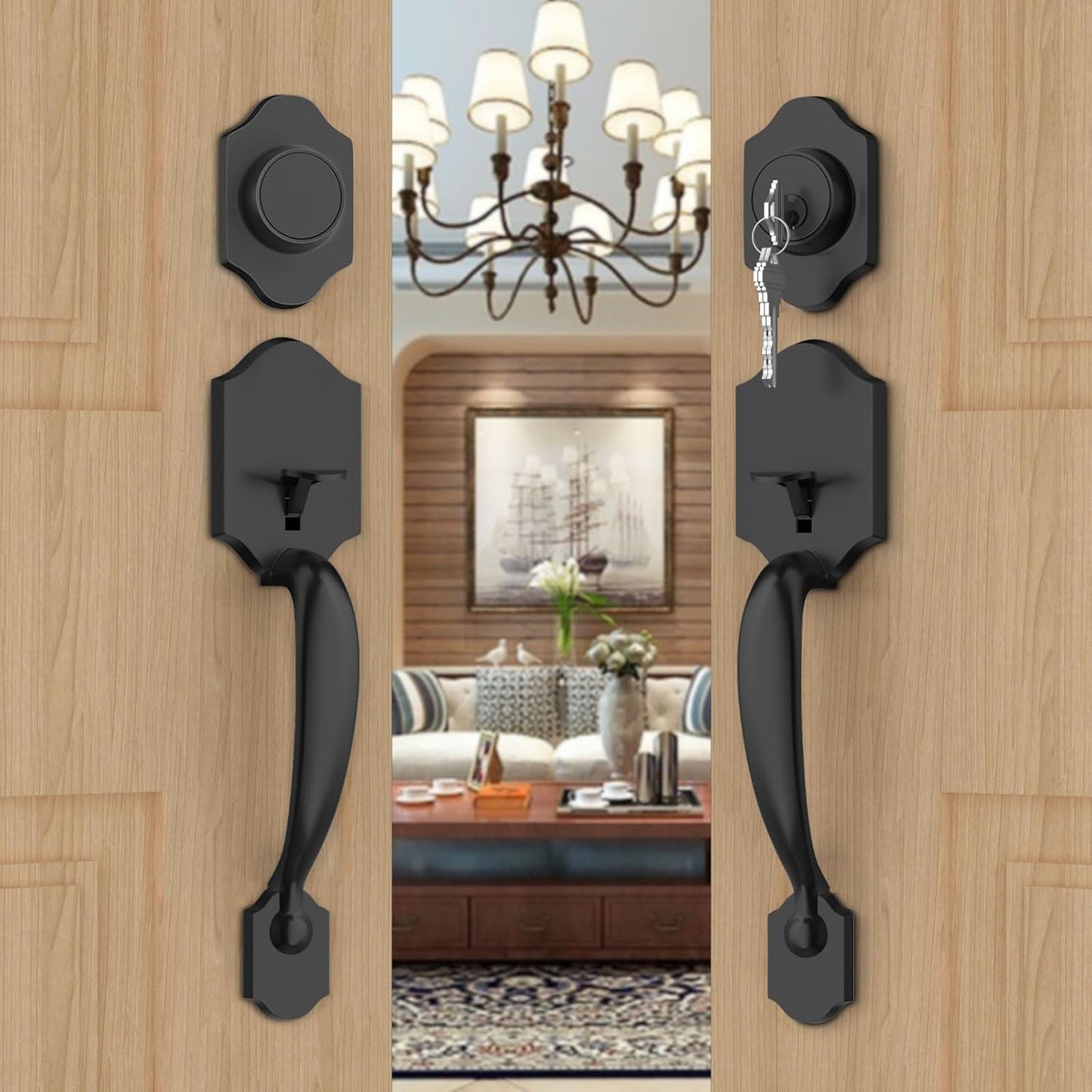 goldenwarm Black Front Door Handle, Entry Door Handle and Reversible Handle Lever, Single Cylinder Front Door Handle Only, Matte Black Front Door Entry Handleset