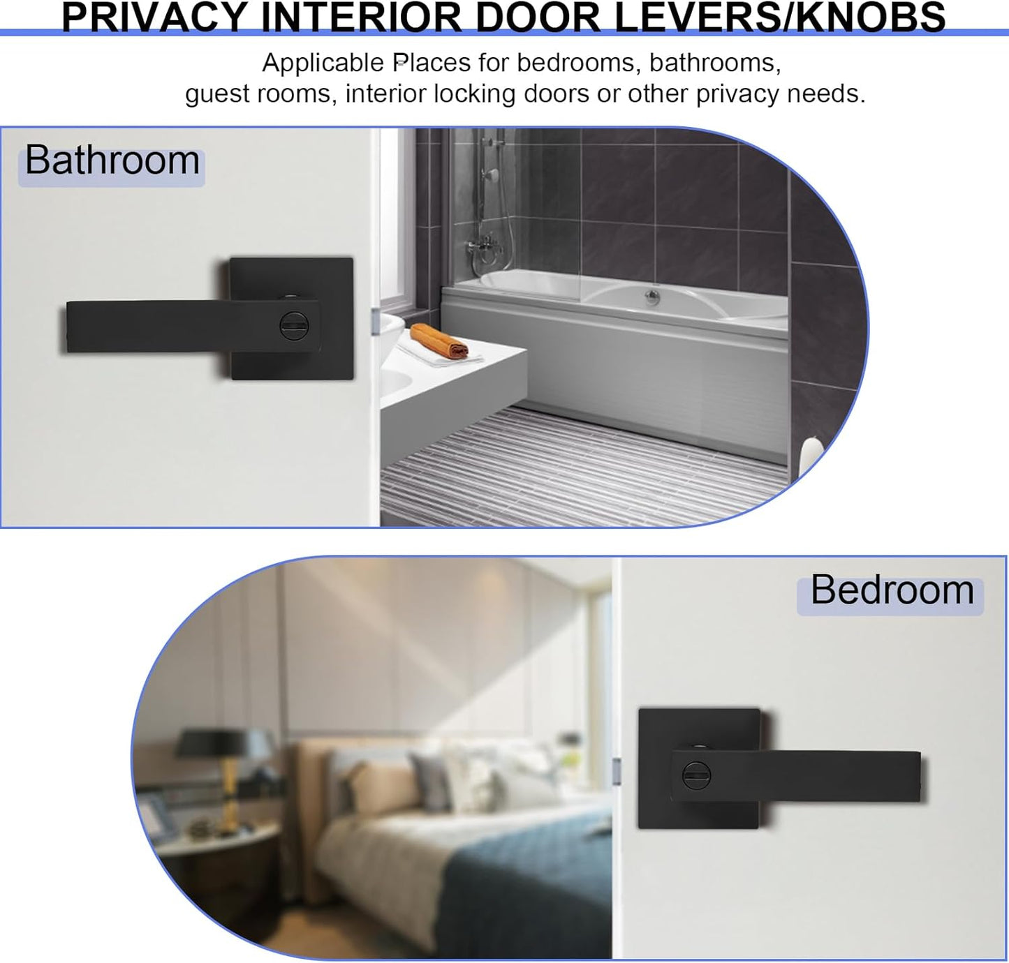 Privacy Door Levers, 8 Pack Matte Black Door Handles Heavy Duty Bed and Bath Door Locks Interior Keyless Locksets, Reversible for Left Right Handed Doors