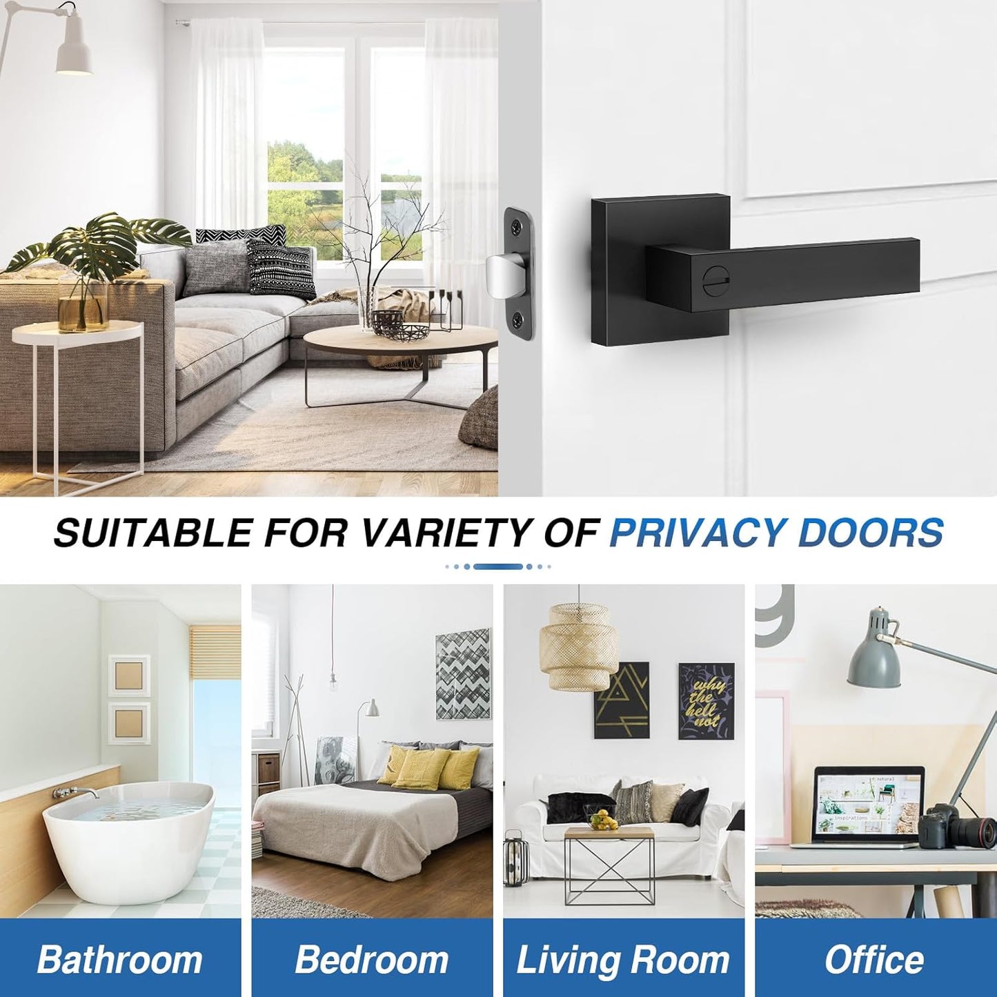 6 Pack Matte Black Door Handles, Keyless Interior Door Knobs, Privacy Door Lever Locksets for Bedroom Bathroom, Heavy Duty Square Door Lock (2.0lb), Reversible for Left&Right Handled Doors