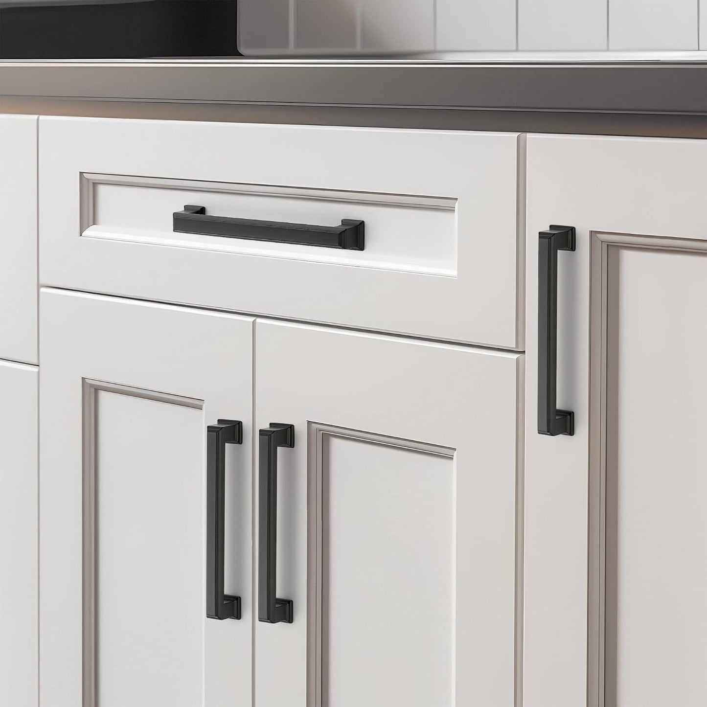 Ravinte Hardware 10 Pack Matte Black Cabinet Pulls, 5 Inch (128mm) Hole Center Zinc Alloy Drawer Handles for Kitchen Cabinets, Cupboards, Dressers, Square Solid Metal Hardware