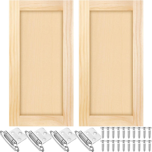 2 Pcs 12'' W x 24'' H Unfinished Pine Kitchen Cabinet Door Replacement with 4 Pcs Cabinet Hinges Wood Shaker Door Front Replacement for Kitchen, Bathroom, Vanity