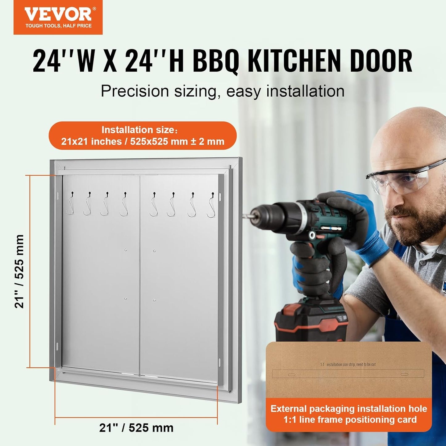 VEVOR BBQ Access Door, 24W x 24H Inch Double Outdoor Kitchen, Stainless Steel Flush Mount Door, Double Wall Vertical with Handles and Hooks, for BBQ Island, Grilling Station, Outside Cabinet