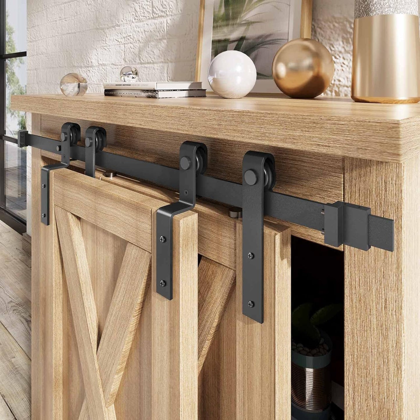 EaseLife 4 FT Mini Cabinet Bypass Double Sliding Barn Door Hardware Track Kit,Easy Install,Slide Smoothly Quietly,Apply for Storage Window TV Stand and Other Shielding (No Cabinet)