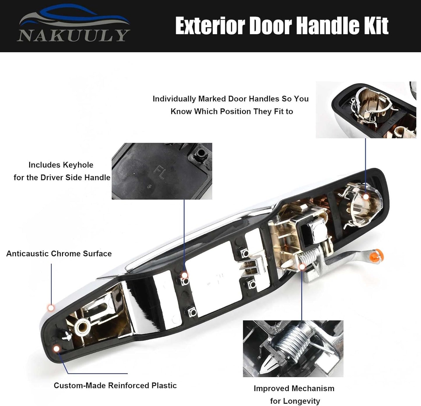 Nakuuly Exterior Chrome Door Handle 4 PCS Front Rear Driver & Passenger Compatible with 2007-2014 Cadillac Escalade Chevy Avalanche Silverado Suburban GMC Sierra Yukon OE # 22738722 22738721 20828258