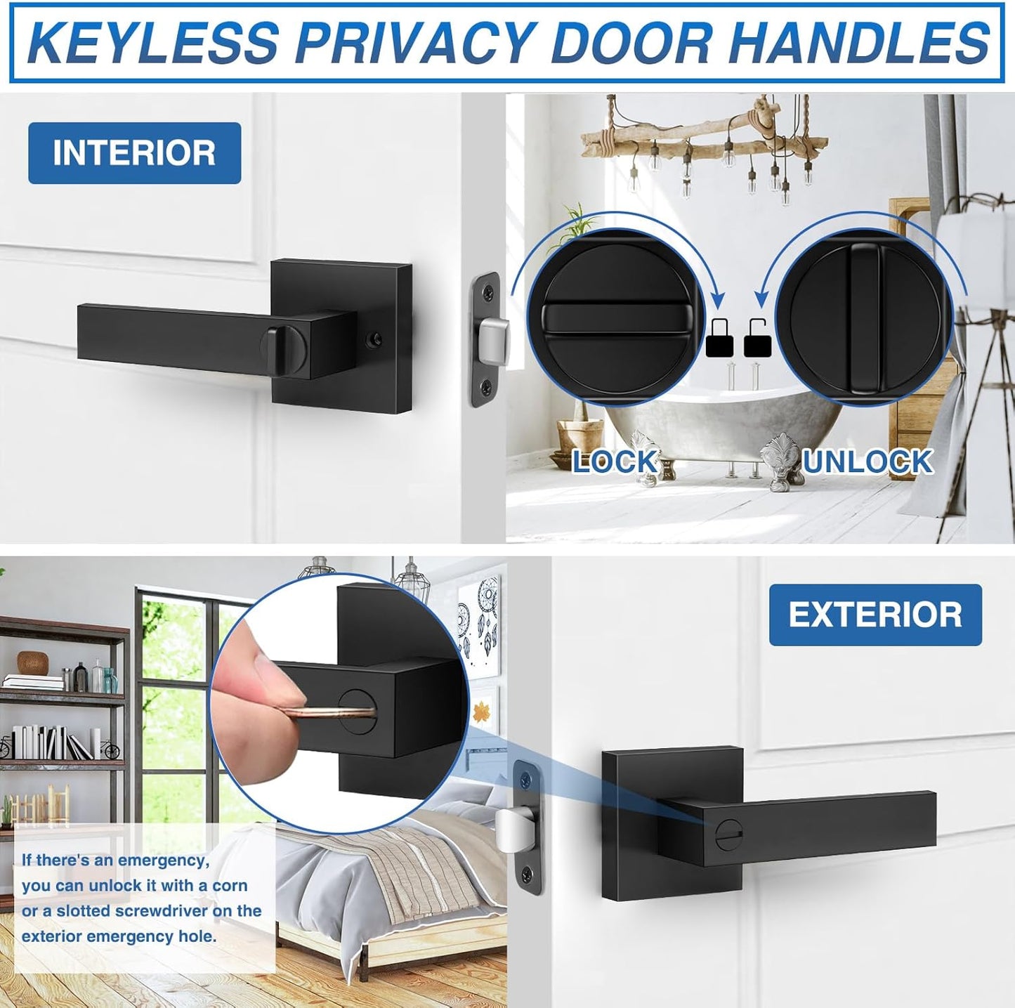 6 Pack Matte Black Door Handles, Keyless Interior Door Knobs, Privacy Door Lever Locksets for Bedroom Bathroom, Heavy Duty Square Door Lock (2.0lb), Reversible for Left&Right Handled Doors