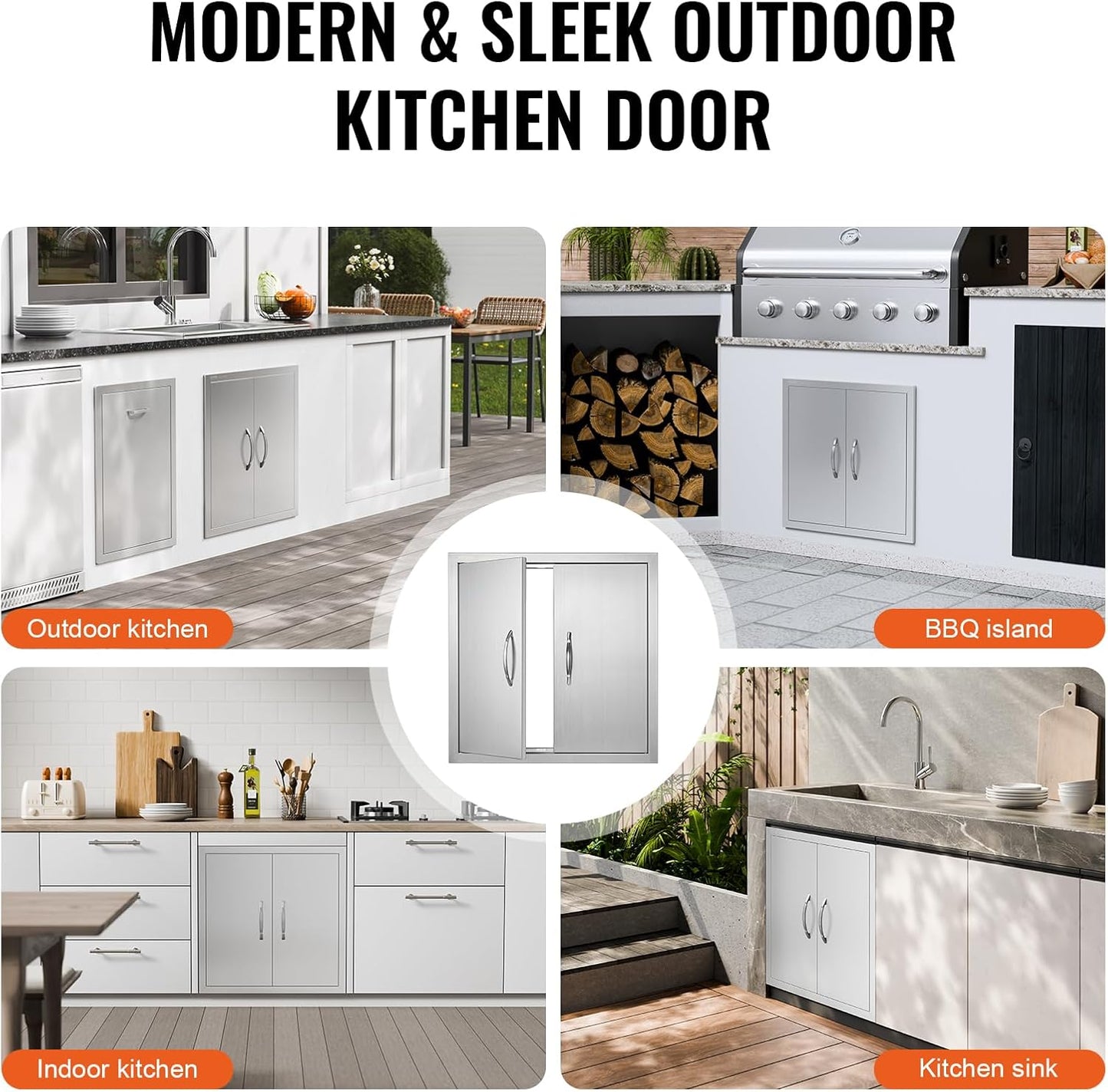 VEVOR BBQ Access Door, 24W x 24H Inch Double Outdoor Kitchen, Stainless Steel Flush Mount Door, Double Wall Vertical with Handles and Hooks, for BBQ Island, Grilling Station, Outside Cabinet