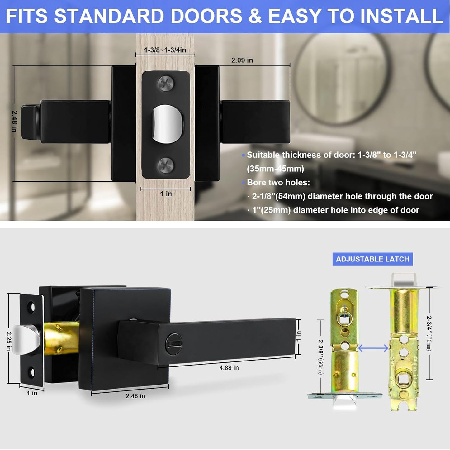 Privacy Door Levers, 8 Pack Matte Black Door Handles Heavy Duty Bed and Bath Door Locks Interior Keyless Locksets, Reversible for Left Right Handed Doors