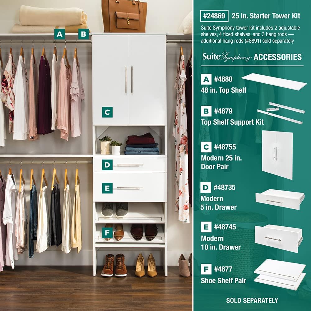 ClosetMaid SuiteSymphony Wood Closet 25-Inch Door Set Pair, Add On Accessory, Modern Style, For Storage, Clothes, Pure White/Satin Nickel