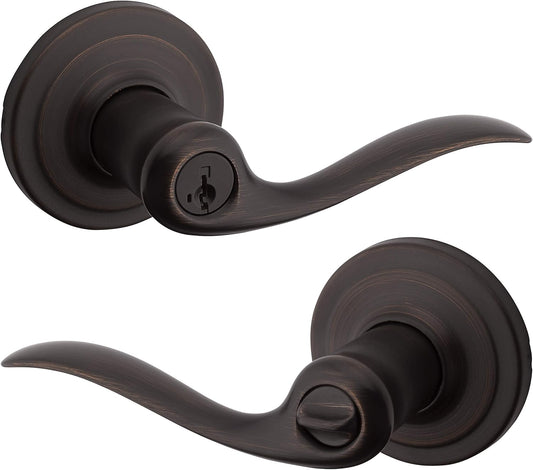 Kwikset Tustin Entry Door Handle with Lock and Key, Secure Keyed Reversible Lever Exterior, For Front Entrance and Bedrooms, Venetian Bronze, Pick Resistant Smartkey Rekey Security and Microban