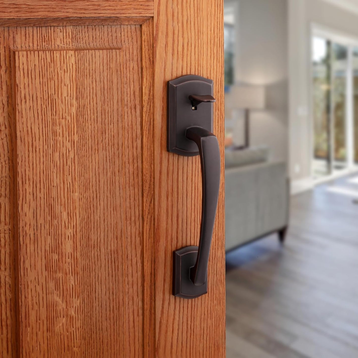Kwikset Prescott Front Door Handle No Lock, Entry Handleset Exterior with Interior Reversible Handed Lever, Non-Locking, Venetian Bronze, Deadbolt Not Included, with Microban Protection