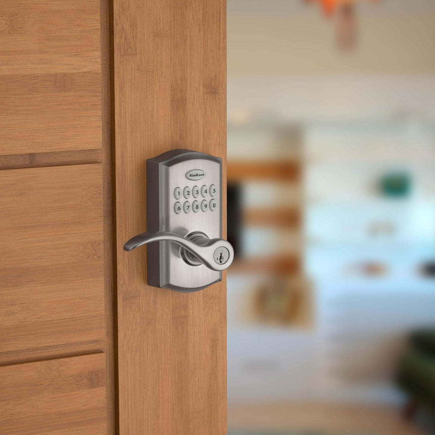 Kwikset SmartCode 955 Pembroke Light Commercial 10-Button Keypad Electronic Lever, Convenient Keyless Entry, 3-Year Batter Life and High Traffic Durability in Satin Nickel