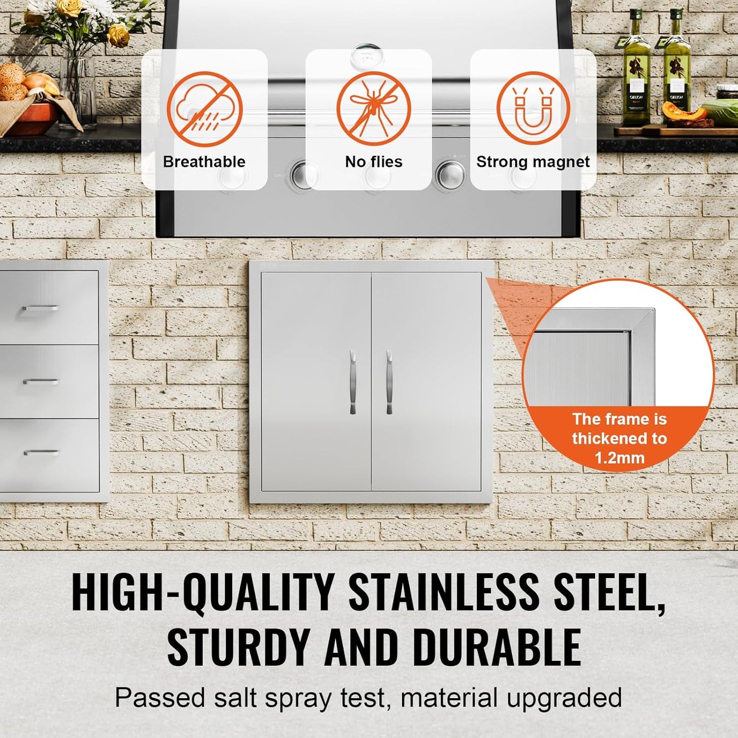 VEVOR BBQ Access Door, 24W x 24H Inch Double Outdoor Kitchen, Stainless Steel Flush Mount Door, Double Wall Vertical with Handles and Hooks, for BBQ Island, Grilling Station, Outside Cabinet