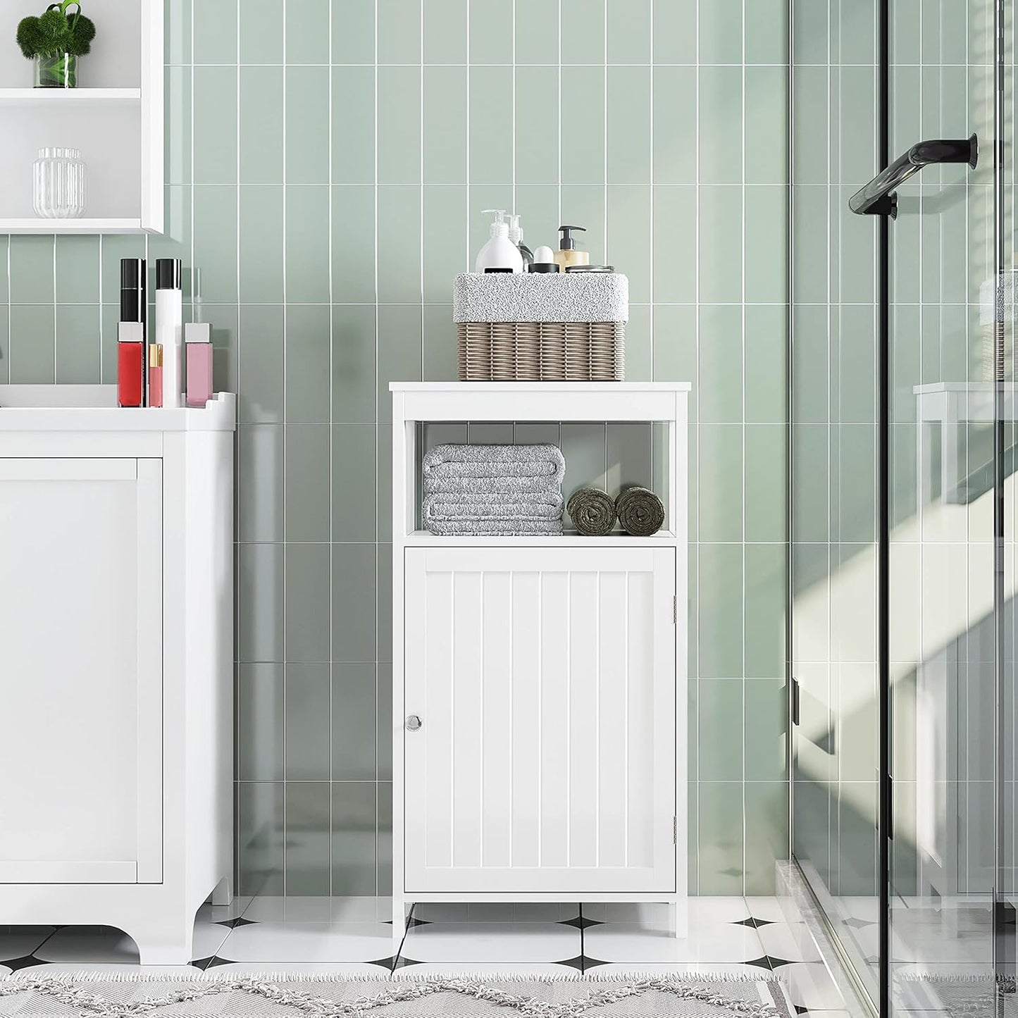Yaheetech Single Door Floor Cabinet, Bathroom Free Standing Storage Organizer with Adjustable Shelf, Narrow Side Cabinet for Living Room, White