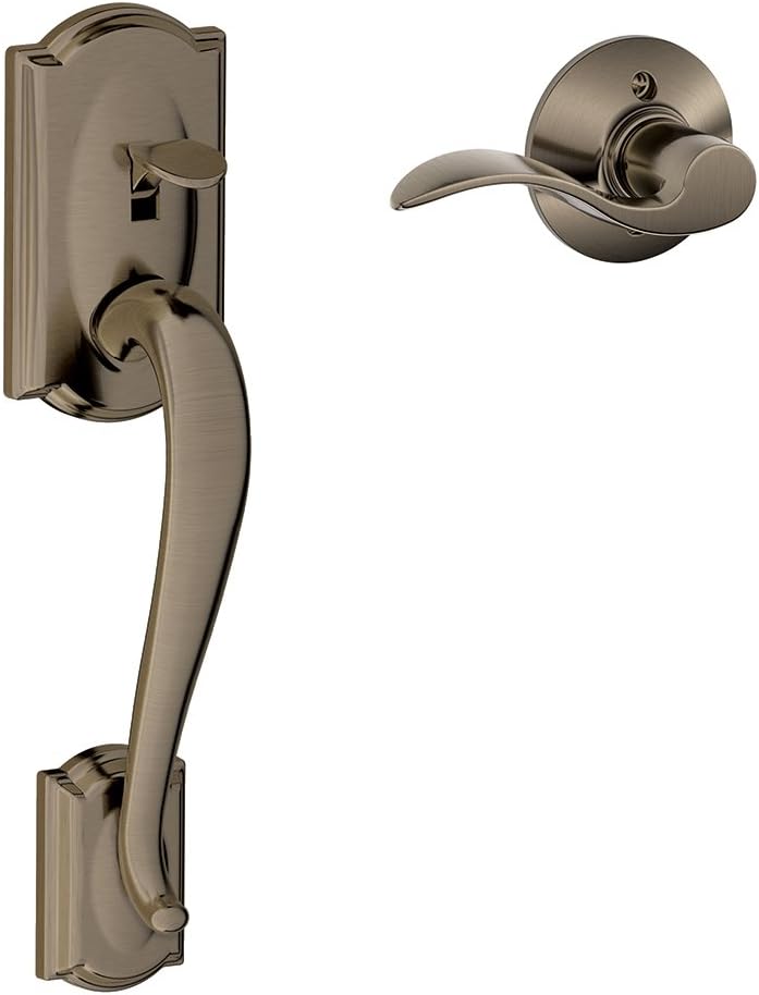 Schlage FE285 CAM 716 GEO Camelot Front Entry Handleset with Georgian Knob, Lower Half Grip, Aged Bronze