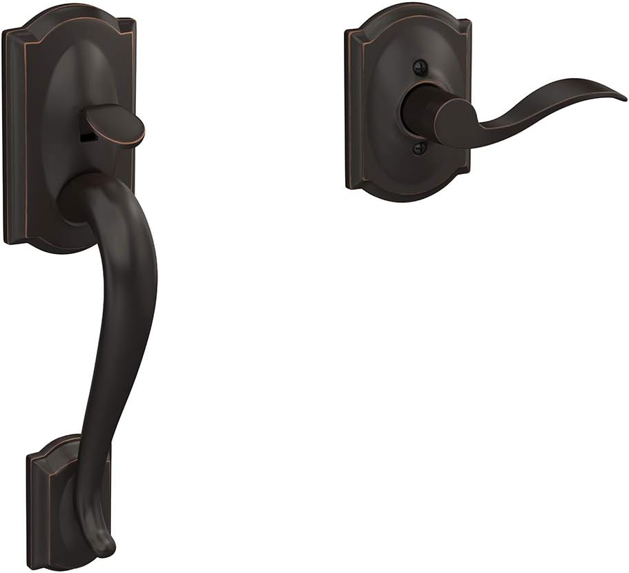 Schlage FE285 CAM 716 GEO Camelot Front Entry Handleset with Georgian Knob, Lower Half Grip, Aged Bronze