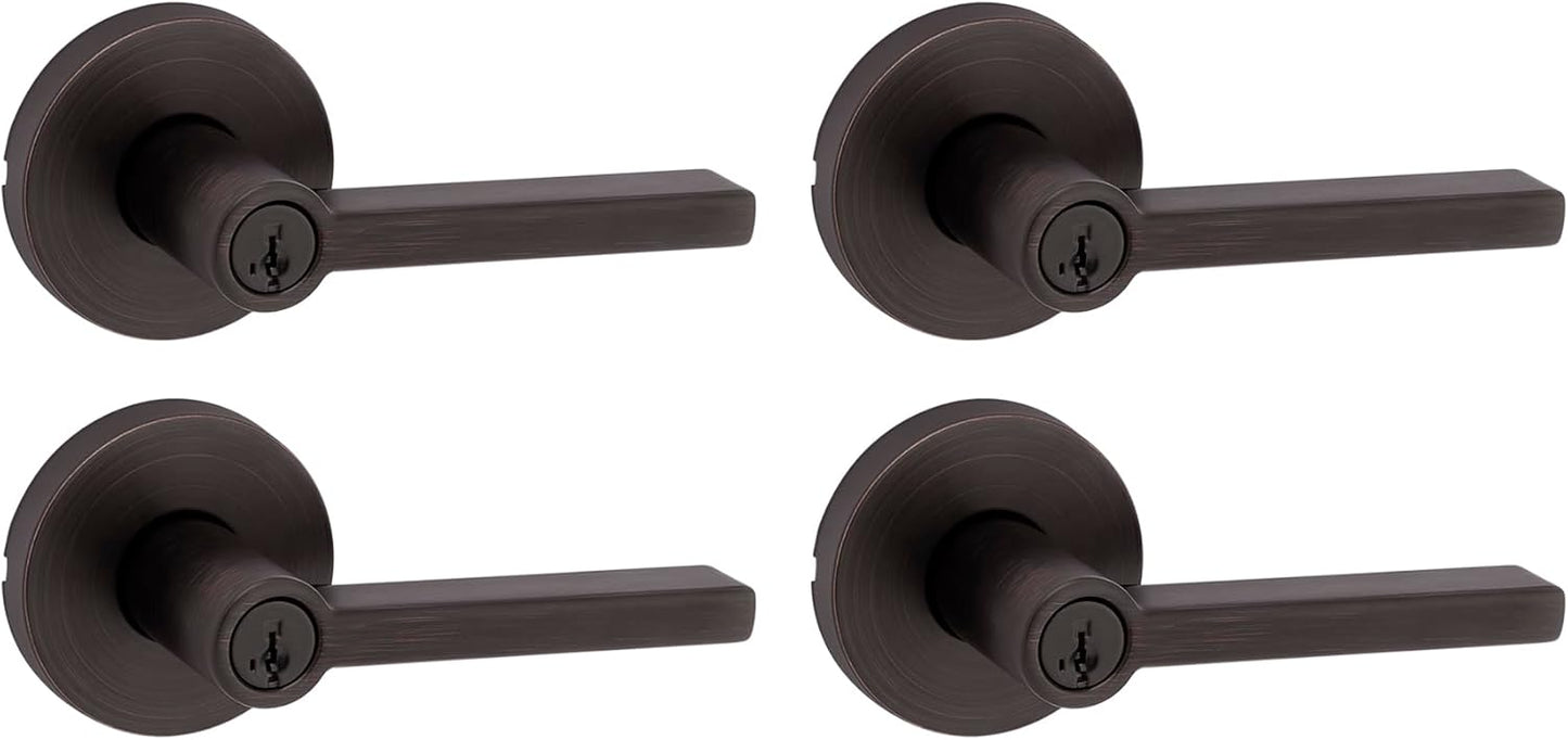 Kwikset Halifax Entry Door Handle with Lock and Key, Secure Keyed Reversible Lever Exterior, For Front Entrance and Bedrooms, Matte Black, Pick Resistant Smartkey Rekey Security and Microban