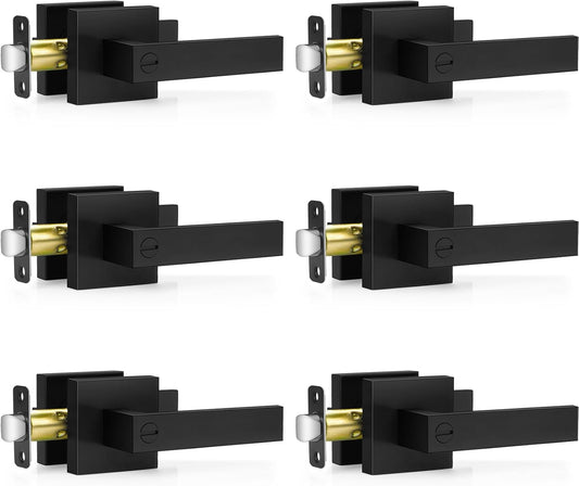 6 Pack Matte Black Door Handles, Keyless Interior Door Knobs, Privacy Door Lever Locksets for Bedroom Bathroom, Heavy Duty Square Door Lock (2.0lb), Reversible for Left&Right Handled Doors