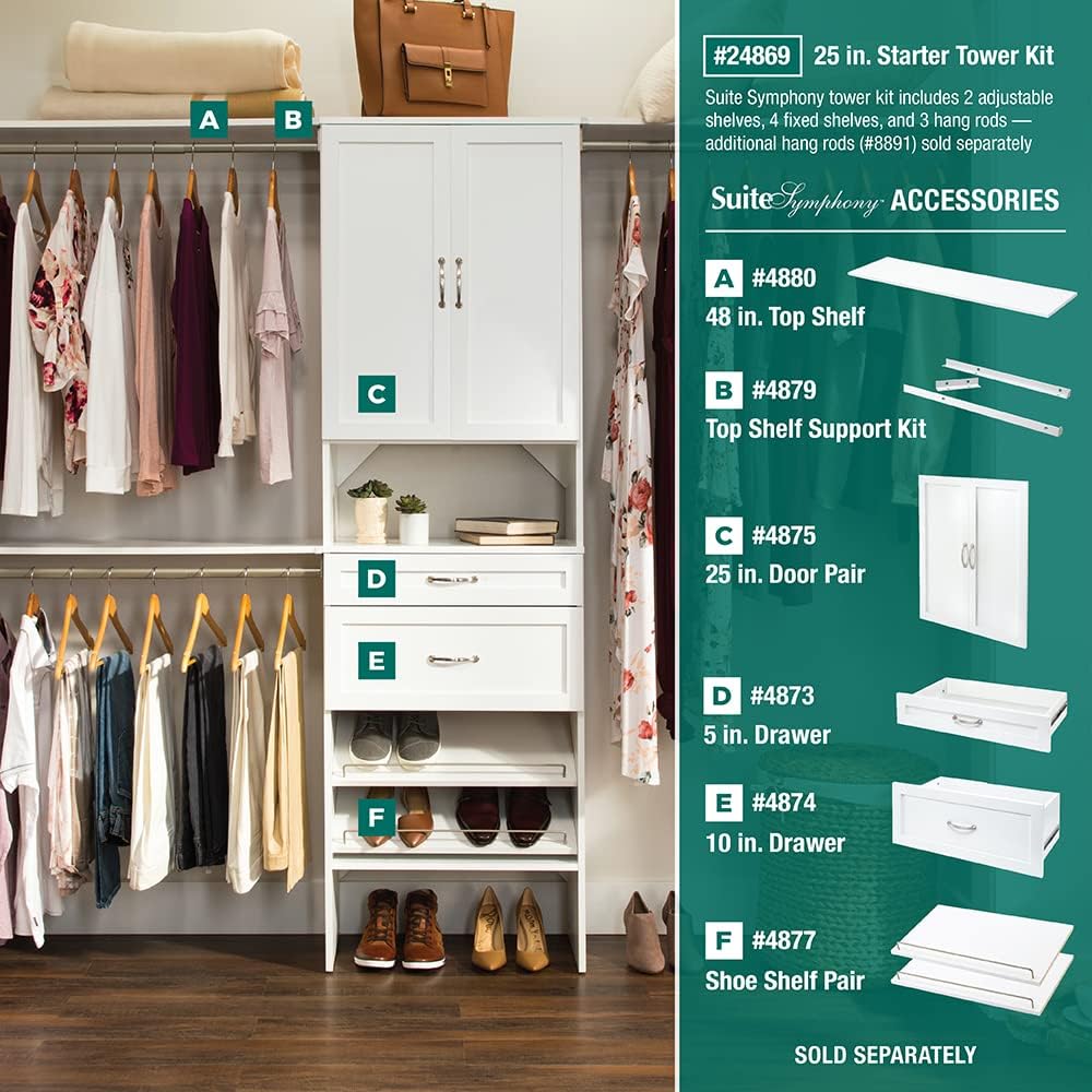ClosetMaid SuiteSymphony Wood Closet Door Set Pair, Add On Accessory, Shaker Style, For Storage, Clothes, For 25 in. Units, Pure White/Satin Nickel