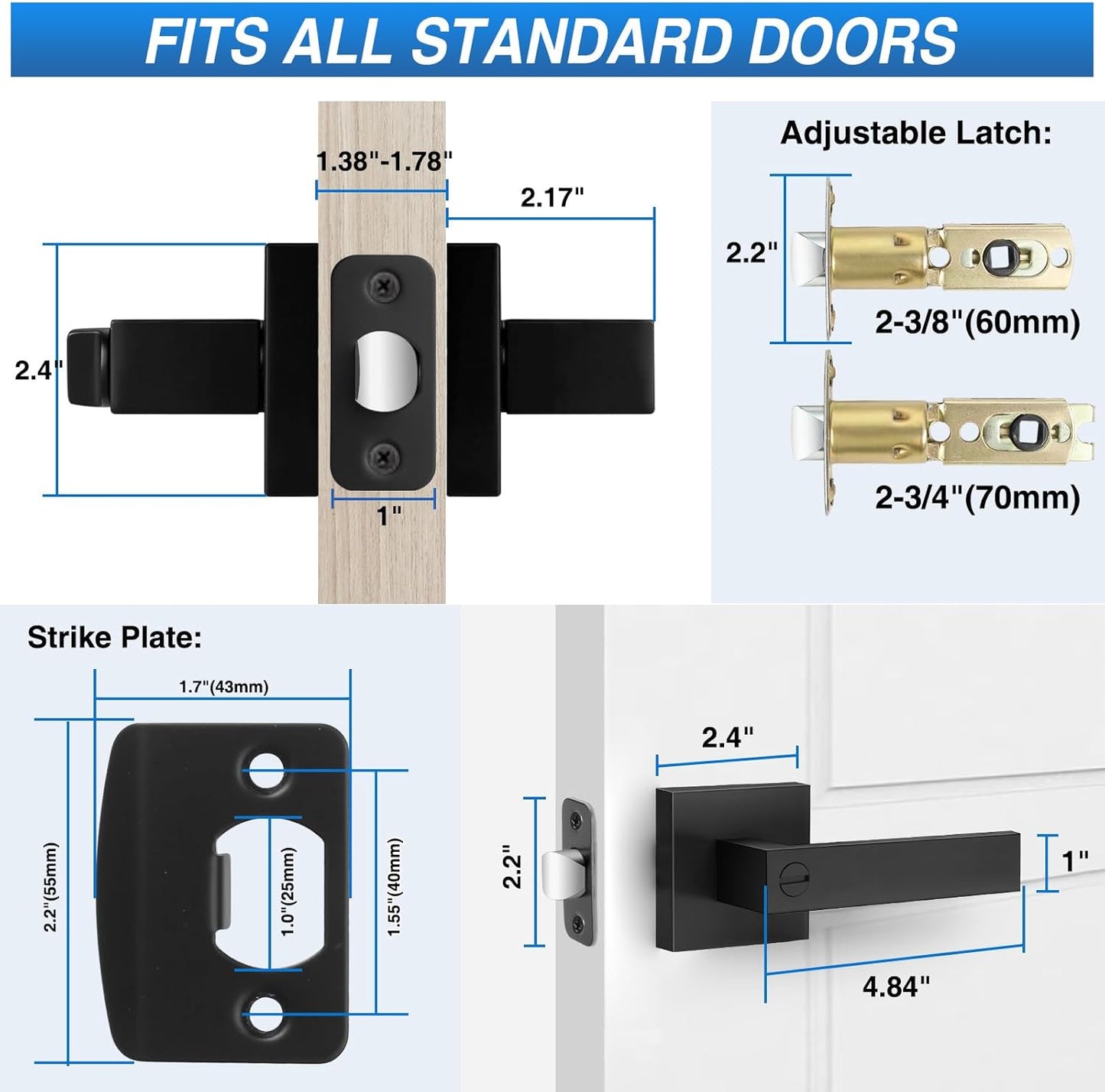 6 Pack Matte Black Door Handles, Keyless Interior Door Knobs, Privacy Door Lever Locksets for Bedroom Bathroom, Heavy Duty Square Door Lock (2.0lb), Reversible for Left&Right Handled Doors